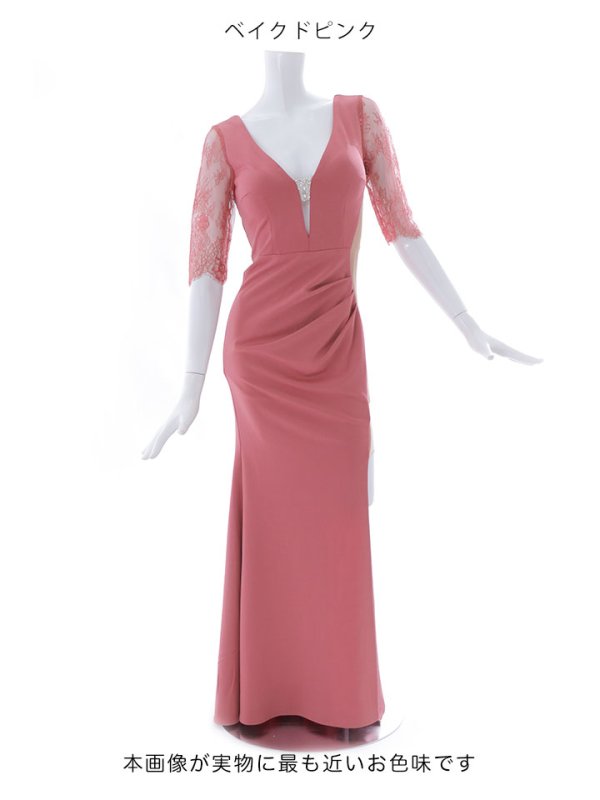画像18: SALE!フェイクシアーロングドレス/レース/ワンカラー/ビジュー/谷間見せ/五分袖/ロングドレス/キャバドレス 【S-Lサイズ/2カラー】[HC02]【YN】dzj (18)