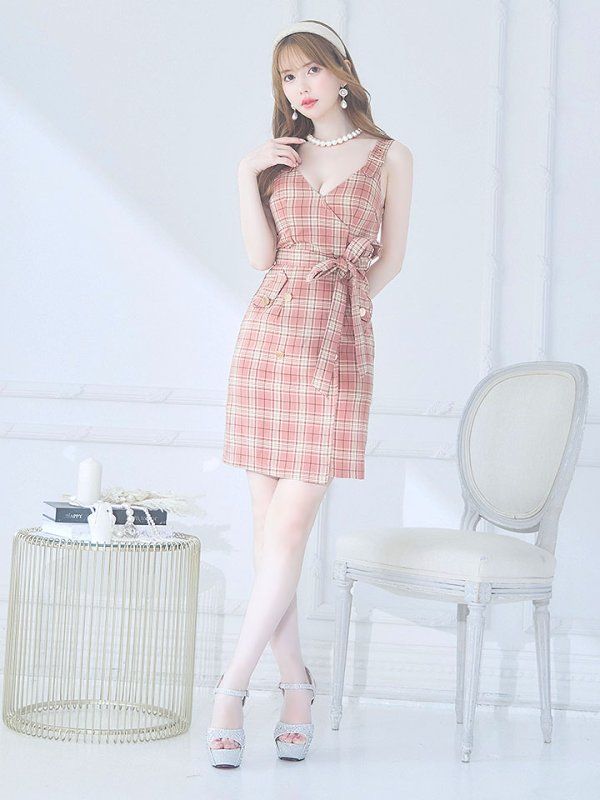 画像2: サマーチェックキャミリボンドレス/ノースリーブ/ボタン/リボンベルト/谷間見せ/背中見せ/ミニドレス/キャバドレス 【XS-Mサイズ/1カラー】[HC02] 【YN】dzw (2)
