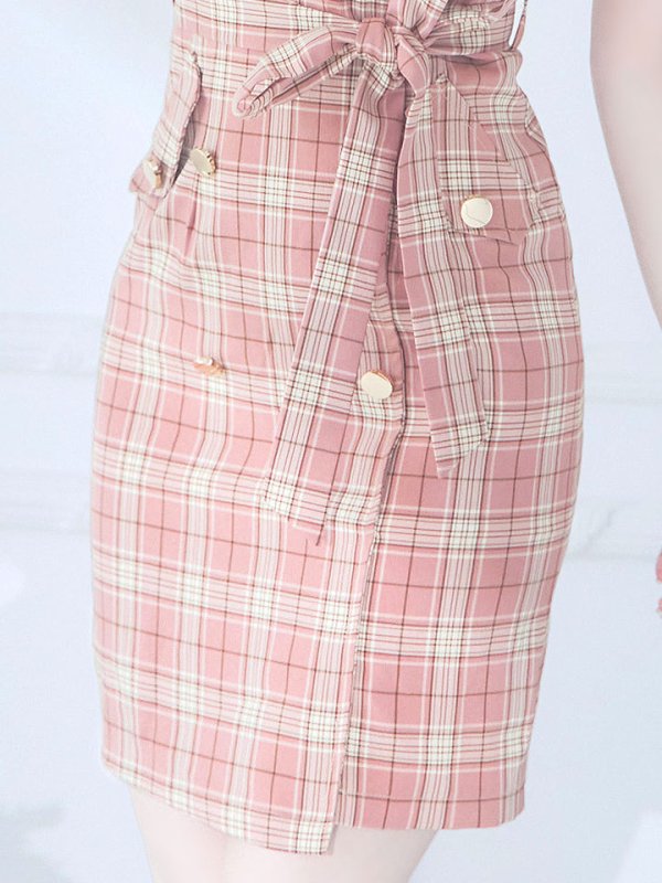 画像5: サマーチェックキャミリボンドレス/ノースリーブ/ボタン/リボンベルト/谷間見せ/背中見せ/ミニドレス/キャバドレス 【XS-Mサイズ/1カラー】[HC02] 【YN】dzw (5)