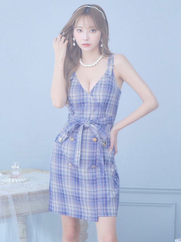 画像3: SALE!チェックキャミリボンドレス/ノースリーブ/ボタン/リボンベルト/谷間見せ/背中見せ/ミニドレス/キャバドレス 【XS-Mサイズ/1カラー】[HC02-U] 【YN】dzw (3)