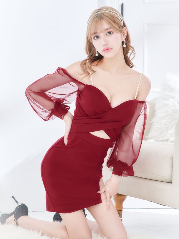 画像6: SALE!ビジューキャミソールドレス/チュール袖/シアー/スリット/ミニドレス/キャバドレス【XS-Lサイズ/3カラー】[HC02-U] 【YN】dzwc (6)