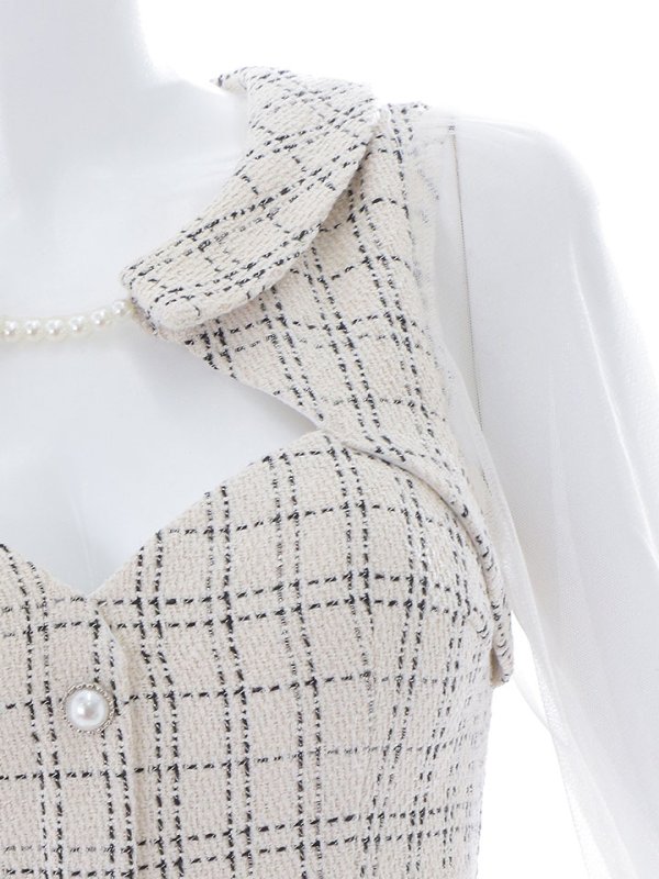 画像15: ミルキーツイードチェックドレス/パール/ボタン/チュール袖/刺繍レース/透け/谷間見せ/キャバドレス【XS-Lサイズ/1カラー】[HC02]【YN】dzw (15)