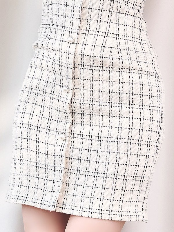 画像5: ミルキーツイードチェックドレス/パール/ボタン/チュール袖/刺繍レース/透け/谷間見せ/キャバドレス【XS-Lサイズ/1カラー】[HC02]【YN】dzw (5)