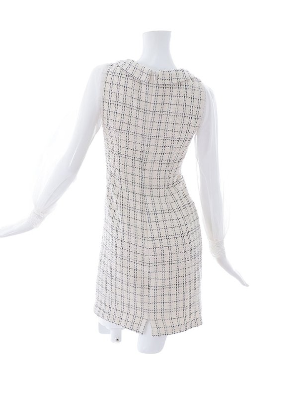 画像14: ミルキーツイードチェックドレス/パール/ボタン/チュール袖/刺繍レース/透け/谷間見せ/キャバドレス【XS-Lサイズ/1カラー】[HC02]【YN】dzw (14)