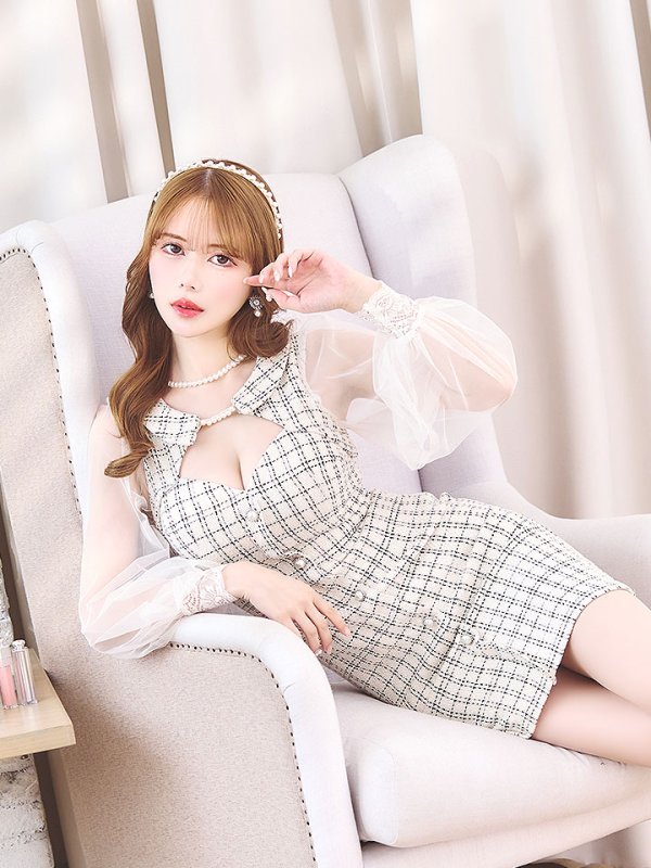 画像8: ミルキーツイードチェックドレス/パール/ボタン/チュール袖/刺繍レース/透け/谷間見せ/キャバドレス【XS-Lサイズ/1カラー】[HC02]【YN】dzw (8)