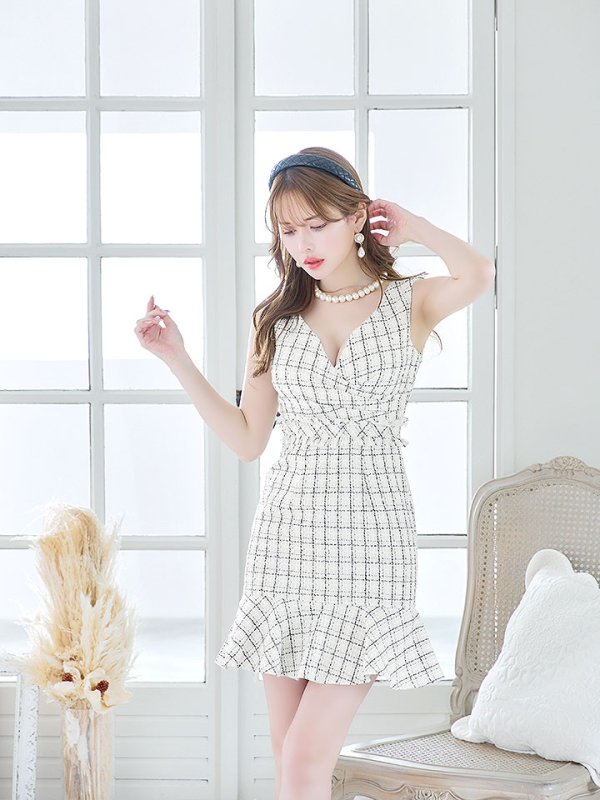 画像9: マーメイドツイードドレス/チェック柄/谷間見せ/背中隠し/ミニドレス/キャバドレス【XS-Lサイズ/1カラー】[HC02]【YN】dzc (9)