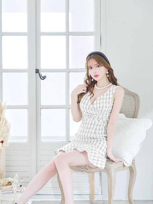 画像12: マーメイドツイードドレス/チェック柄/谷間見せ/背中隠し/ミニドレス/キャバドレス【XS-Lサイズ/1カラー】[HC02]【YN】dzc (12)