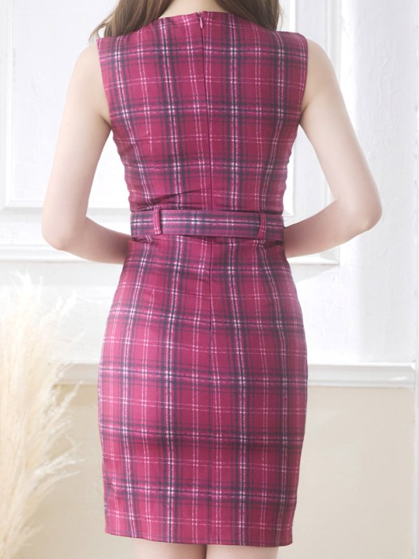 画像7: SALE!ノースリーブチェックドレス/Vネック/デザインベルト/谷間見せ/背中隠し/ミニドレス/キャバドレス【XS-Lサイズ/1カラー】[HC02] 【YN】dzw (7)