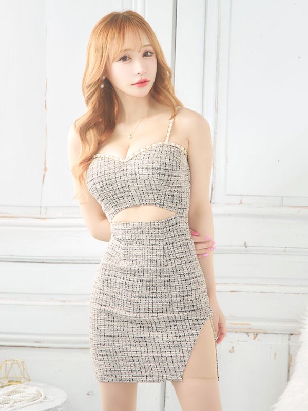 画像3: ツイード風ニットドレス/キャミソール/ノースリーブ/チェーン/肌見せ/谷間見せ/タイト/ミニドレス/キャバドレス【XS-Mサイズ/1カラー】[HC02-U] 【YN】dzk (3)