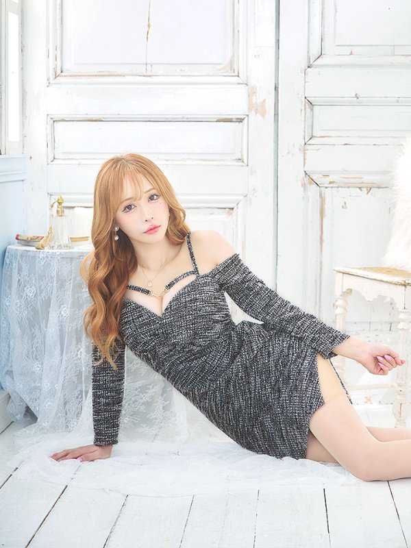 画像7: XSサイズ登場!ミックスツイードドレス/デザイン紐/オフショルダー/谷間見せ/背中見せ/ミニドレス/キャバドレス【XS-Lサイズ/1カラー】[HC02] 【YN】dzy (7)