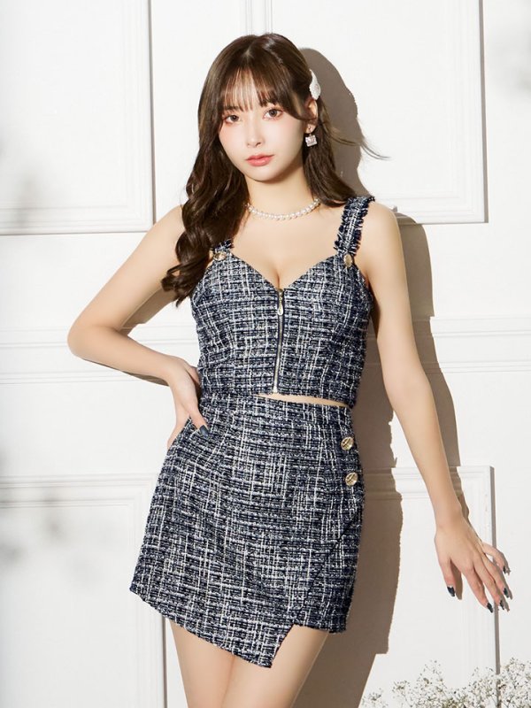 画像2: セットアップツイードミニドレス/フロントジップ/ノースリーブ/谷間見せ/背中見せ/ミニドレス/キャバドレス 【XS-Mサイズ/1カラー】[HC02-U] 【YN】dzw (2)