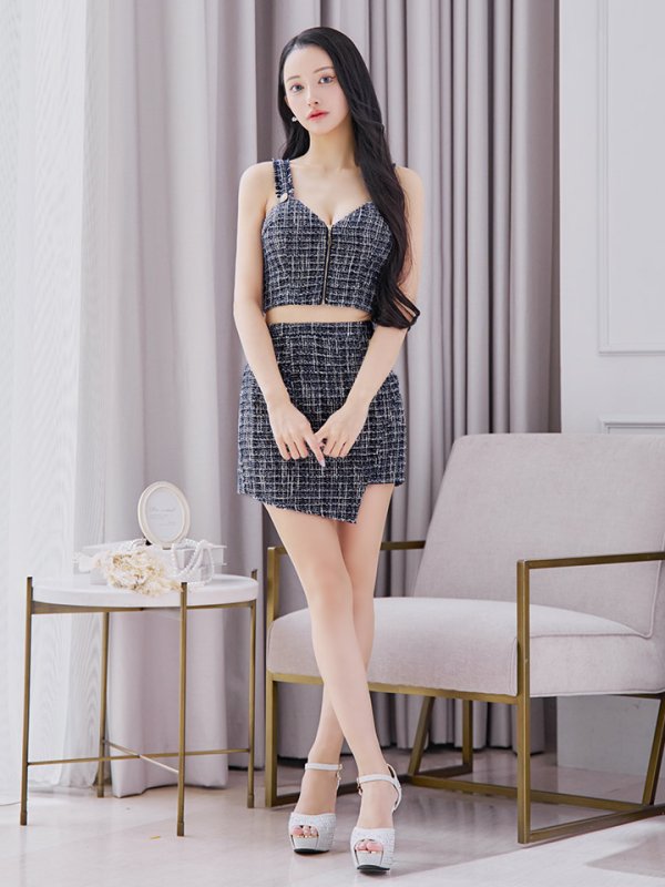 画像4: セットアップツイードミニドレス/フロントジップ/ノースリーブ/谷間見せ/背中見せ/ミニドレス/キャバドレス 【XS-Mサイズ/1カラー】[HC02-U] 【YN】dzw (4)