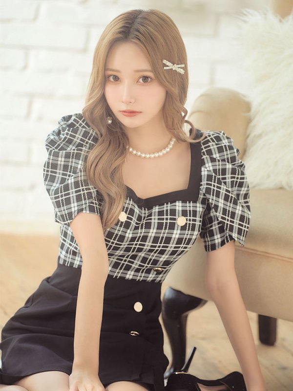 画像1: チェックハイウエストワンピース/スクエアネック/ボタン/フレアー/ミニドレス/キャバドレス【S-Mサイズ/1カラー】[HC02] 【YN】dzw (1)