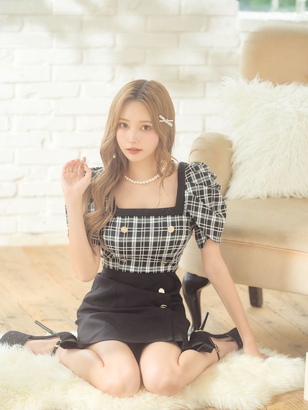 画像8: チェックハイウエストワンピース/スクエアネック/ボタン/フレアー/ミニドレス/キャバドレス【S-Mサイズ/1カラー】[HC02] 【YN】dzw (8)