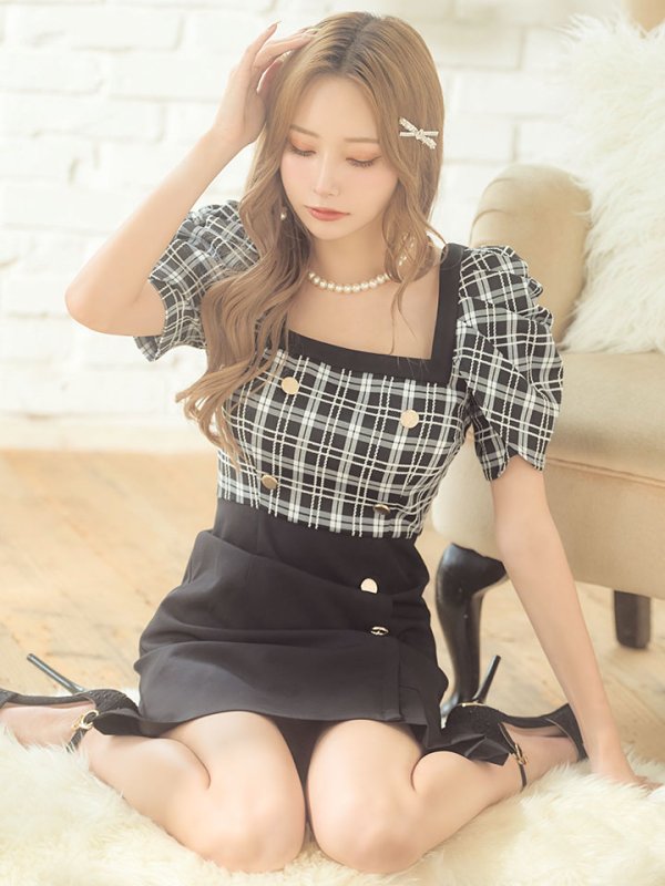 画像9: チェックハイウエストワンピース/スクエアネック/ボタン/フレアー/ミニドレス/キャバドレス【S-Mサイズ/1カラー】[HC02] 【YN】dzw (9)