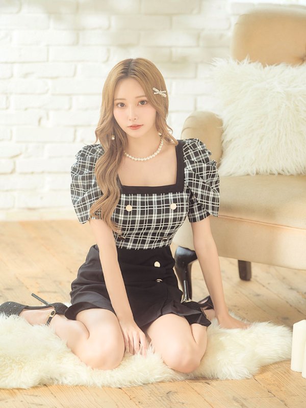 画像10: チェックハイウエストワンピース/スクエアネック/ボタン/フレアー/ミニドレス/キャバドレス【S-Mサイズ/1カラー】[HC02] 【YN】dzw (10)