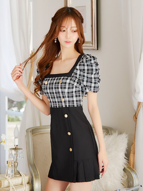 画像3: チェックハイウエストワンピース/キャバドレス【S-Mサイズ/1カラー】[HC02] 【YN】dzw (3)