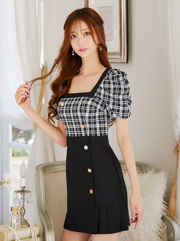 画像8: チェックハイウエストワンピース/キャバドレス【S-Mサイズ/1カラー】[HC02] 【YN】dzw (8)