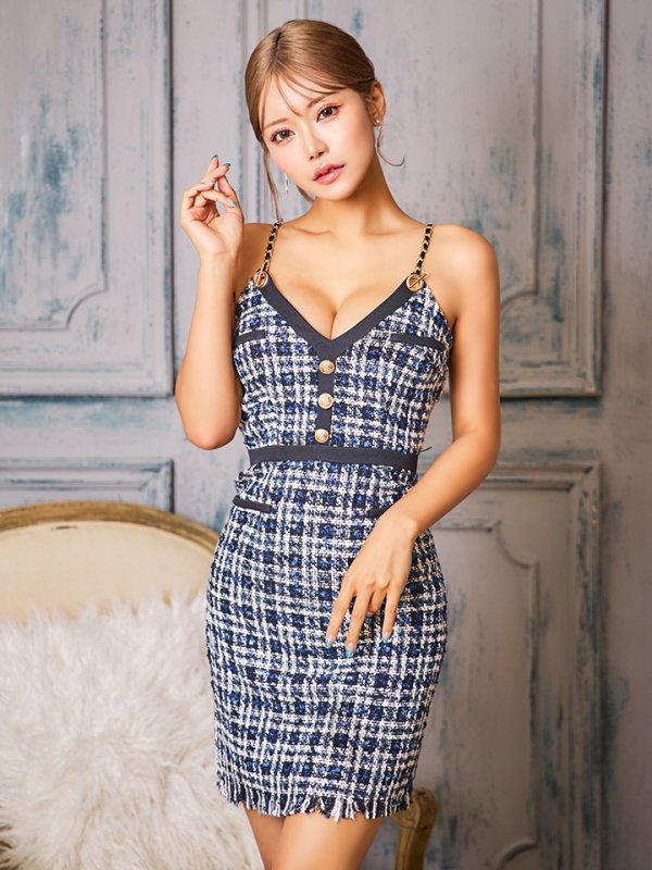 画像4: ツイードチェーンキャミソールドレス/谷間見せ/背中見せ/ミニドレス/キャバドレス【XS-Mサイズ/1カラー】[HC02] 【YN】dzw (4)