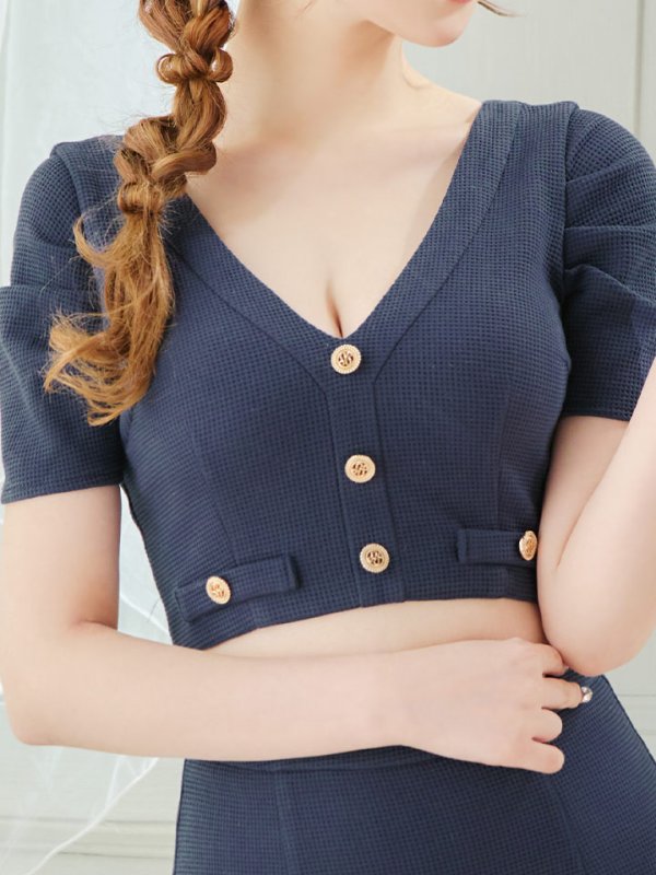 画像6: SALE!パフスリーブワッフルドレス/マーメイド/セットアップ/2ピース/谷間見せ/ミニドレス/キャバドレス【XS-Mサイズ/1カラー】[HC02] 【YN】dzw (6)