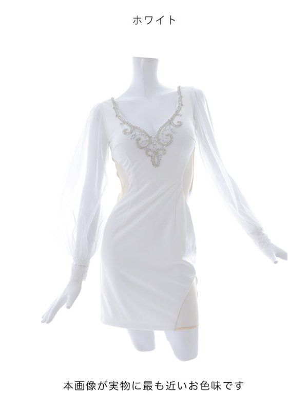 画像23: ボリュームシアースリーブドレス/ロングスリーブ/谷間魅せ/ウエストサイドシアー/透け/タイト/ミニドレス/キャバドレス【S-Lサイズ/2カラー】[HC02] 【YN】dzw (23)