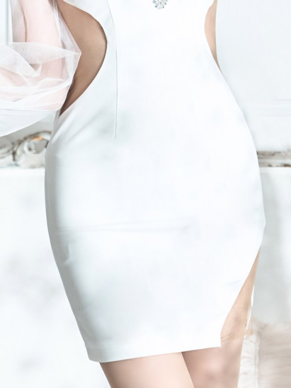 画像7: ボリュームシアースリーブドレス/ロングスリーブ/谷間魅せ/ウエストサイドシアー/透け/タイト/ミニドレス/キャバドレス【S-Lサイズ/2カラー】[HC02] 【YN】dzw (7)