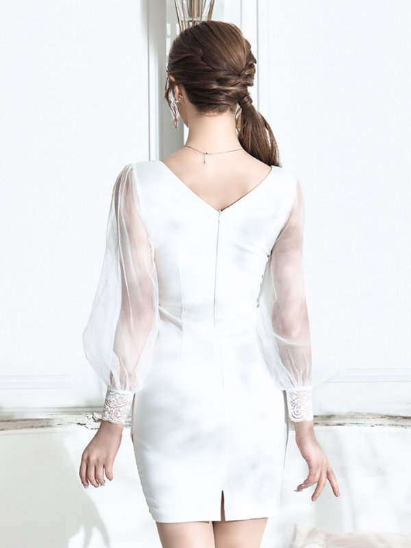 画像8: ボリュームシアースリーブドレス/ロングスリーブ/谷間魅せ/ウエストサイドシアー/透け/タイト/ミニドレス/キャバドレス【S-Lサイズ/2カラー】[HC02] 【YN】dzw (8)
