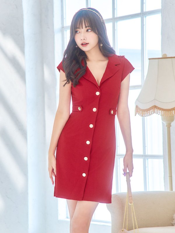 画像4: SALE!ウエストマークワッフルワンピ/テーラード/ゴールドボタン/谷間見せ/背中隠し/ミニドレス/キャバドレス 【XS-Mサイズ/1カラー】[HC02] 【YN】dzw (4)