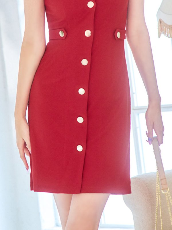 画像6: SALE!ウエストマークワッフルワンピ/テーラード/ゴールドボタン/谷間見せ/背中隠し/ミニドレス/キャバドレス 【XS-Mサイズ/1カラー】[HC02] 【YN】dzw (6)