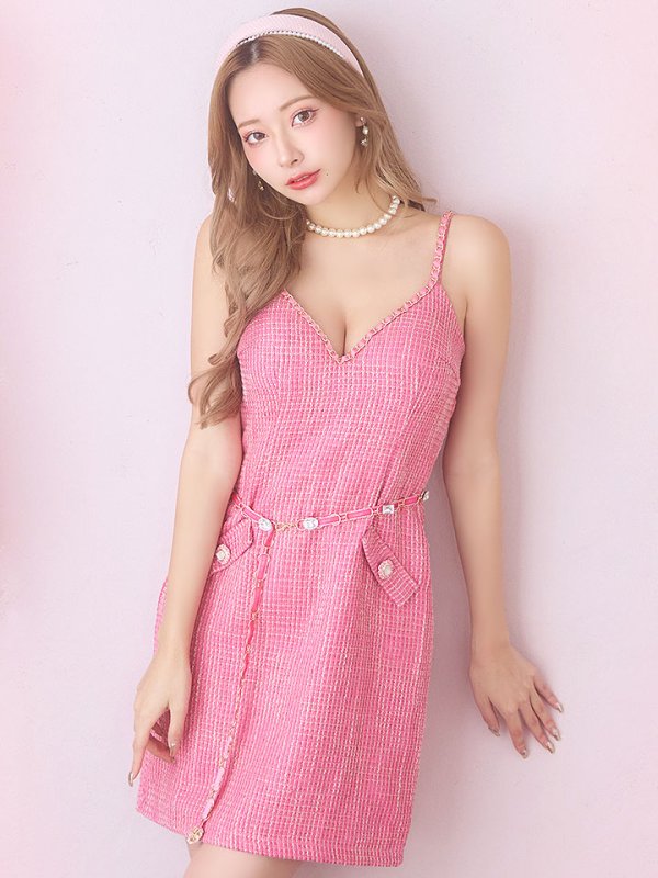 画像1: SALE!ビジューベルトキャミドレス/キャミソール/ノースリーブ/ツイード/チェック柄/ビジュー/ミニドレス/キャバドレス【XS-Mサイズ/1カラー】[HC02] 【YN】dzj (1)