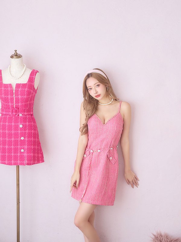 画像13: SALE!ビジューベルトキャミドレス/キャミソール/ノースリーブ/ツイード/チェック柄/ビジュー/ミニドレス/キャバドレス【XS-Mサイズ/1カラー】[HC02] 【YN】dzj (13)