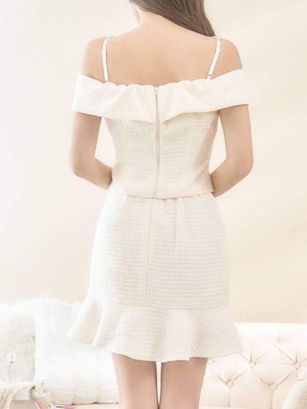 画像7: 【送料無料！】Lサイズ登場!ラメツイードドレス/オフショルダー/セットアップ/2ピース/チェック柄/マーメイドスカート/ビジューストラップ/ボタン/谷間見せ/背中見せ/ミニドレス/キャバドレス【XS-Lサイズ/2カラー】[HC02-X] 【YN】dzy (7)