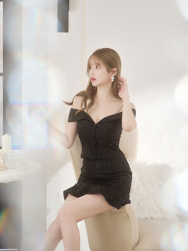 画像13: 【送料無料！】Lサイズ登場!ラメツイードドレス/オフショルダー/セットアップ/2ピース/チェック柄/マーメイドスカート/ビジューストラップ/ボタン/谷間見せ/背中見せ/ミニドレス/キャバドレス【XS-Lサイズ/2カラー】[HC02-X] 【YN】dzy (13)