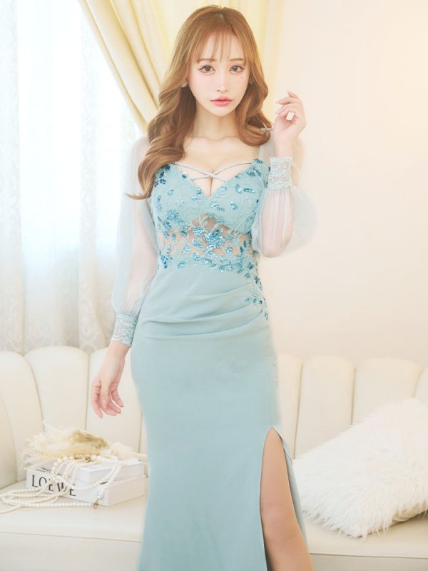 画像4: ビジューカットアウトロングドレス/スパンコール/シアー袖/サイドシアー/ ロングスリーブ/谷間見せ/背中隠し/キャバドレス【S-Lサイズ/2カラー】[HC02] 【YN】dzk (4)