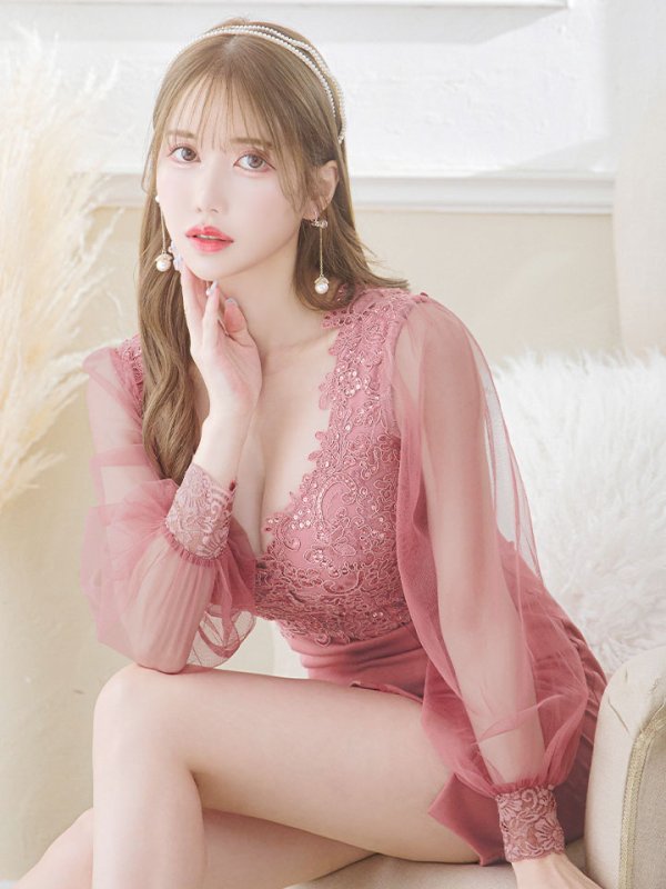 画像1: 即日発送！シアースリーブ刺繍ドレス/谷間見せ/サイドスリット/ミニドレス/キャバドレス【XS-Lサイズ/1カラー】[HC02] 【YN】dzw (1)