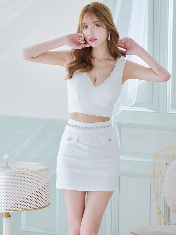 画像6: ノースリーブセットアップ/2ピース/ビジュー/ポケット/谷間見せ/背中見せ/ミニドレス/キャバドレス【XS-Mサイズ/2カラー】[OF03] 【YN】dzy (6)