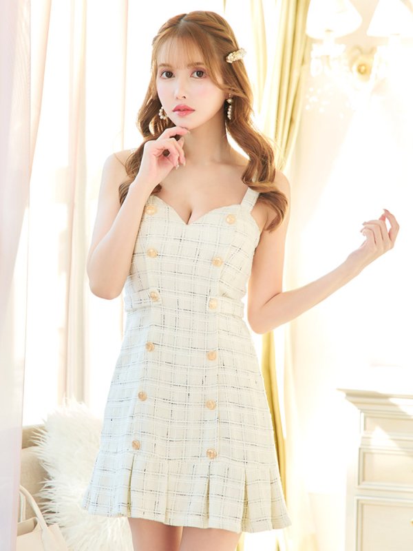 画像3: ノースリーブツイードワンピース/チェック柄/ボタン/谷間見せ/ミニドレス/キャバドレス【XS-Mサイズ/1カラー】[HC02] 【YN】dzw (3)