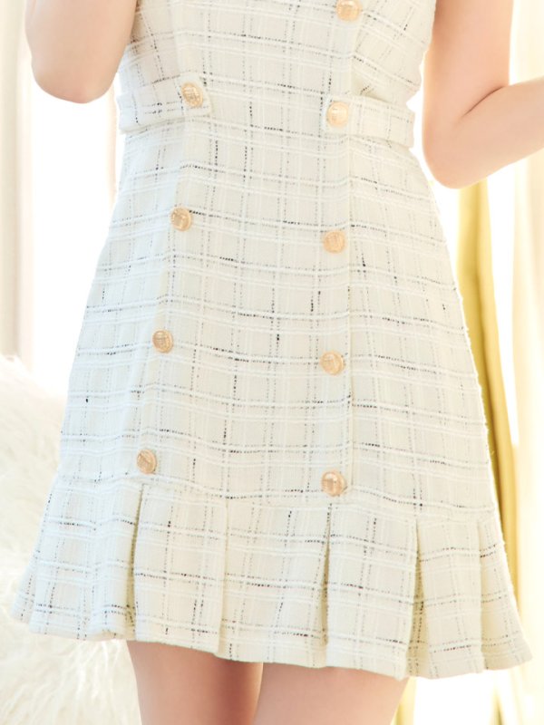 画像5: ノースリーブツイードワンピース/チェック柄/ボタン/谷間見せ/ミニドレス/キャバドレス【XS-Mサイズ/1カラー】[HC02] 【YN】dzw (5)