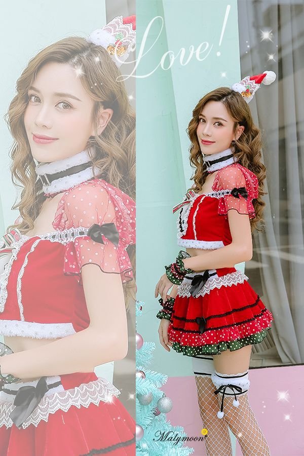画像2: 【即日発送】【クリスマスコスプレ7点セット】【Malymoon/マリームーン】パフスリーブサンタクロース[OF03] (2)