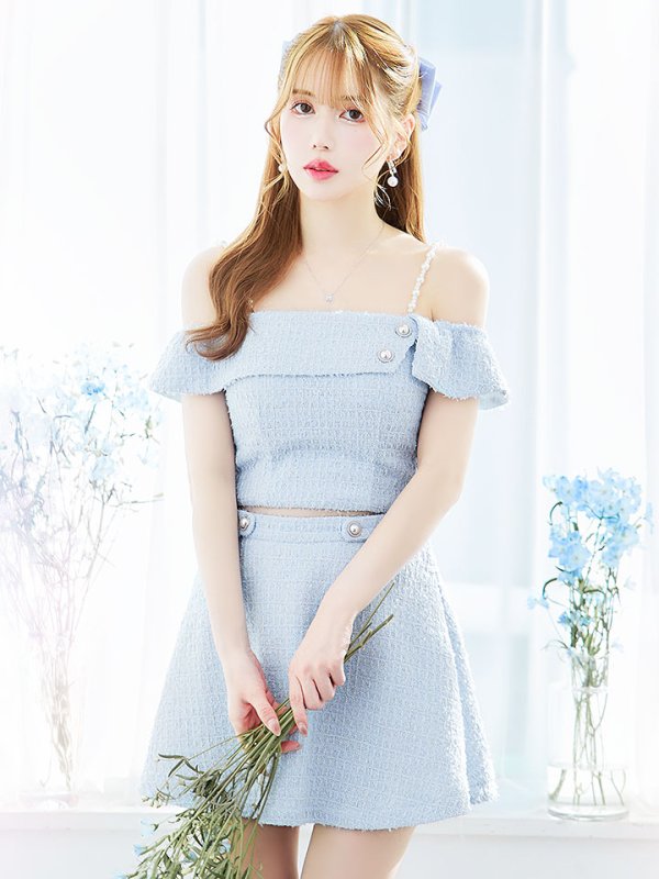 画像4: 【送料無料！】キャミツイードセットアップ/オフショルダー/パール紐/パールボタン/オフショルラップ/フレアスカート/胸元隠し/背中隠し/ミニドレス/キャバドレス【XS-Mサイズ/2カラー】[OF03-X] 【YN】dzw (4)