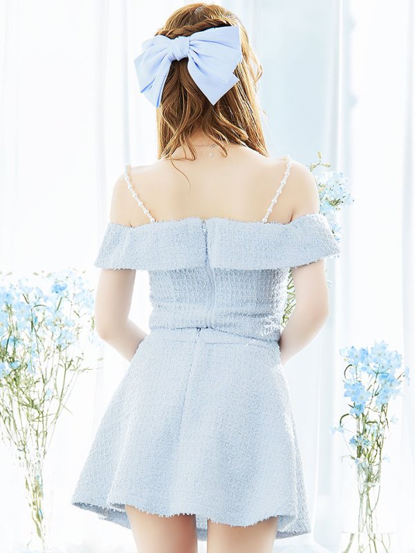 画像7: 【送料無料！】キャミツイードセットアップ/オフショルダー/パール紐/パールボタン/オフショルラップ/フレアスカート/胸元隠し/背中隠し/ミニドレス/キャバドレス【XS-Mサイズ/2カラー】[OF03-X] 【YN】dzw (7)