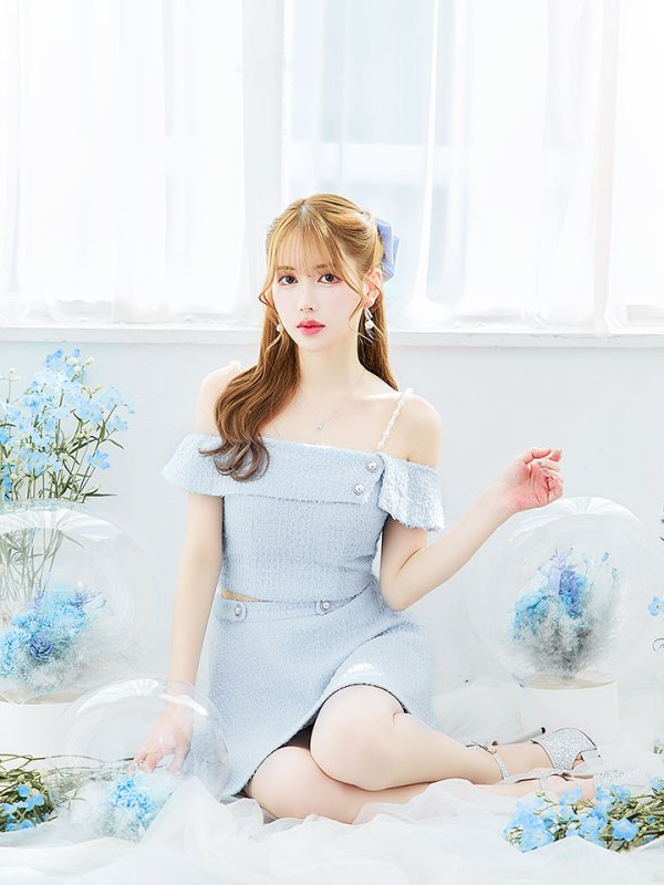 画像17: 【送料無料！】キャミツイードセットアップ/オフショルダー/パール紐/パールボタン/オフショルラップ/フレアスカート/胸元隠し/背中隠し/ミニドレス/キャバドレス【XS-Mサイズ/2カラー】[OF03-X]【YN】dzw (17)