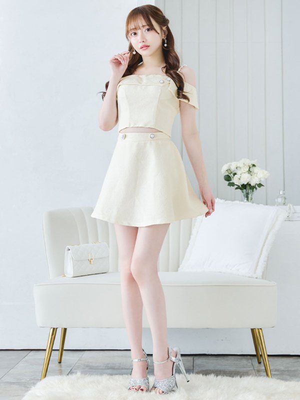 画像3: 【送料無料！】キャミツイードセットアップ/オフショルダー/パール紐/パールボタン/オフショルラップ/フレアスカート/胸元隠し/背中隠し/ミニドレス/キャバドレス【XS-Mサイズ/2カラー】[OF03-X]【YN】dzw (3)