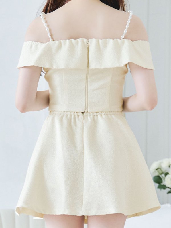 画像7: 【送料無料！】キャミツイードセットアップ/オフショルダー/パール紐/パールボタン/オフショルラップ/フレアスカート/胸元隠し/背中隠し/ミニドレス/キャバドレス【XS-Mサイズ/2カラー】[OF03-X]【YN】dzw (7)