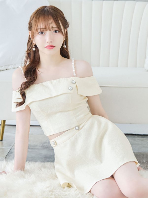 画像11: 【送料無料！】キャミツイードセットアップ/オフショルダー/パール紐/パールボタン/オフショルラップ/フレアスカート/胸元隠し/背中隠し/ミニドレス/キャバドレス【XS-Mサイズ/2カラー】[OF03-X]【YN】dzw (11)