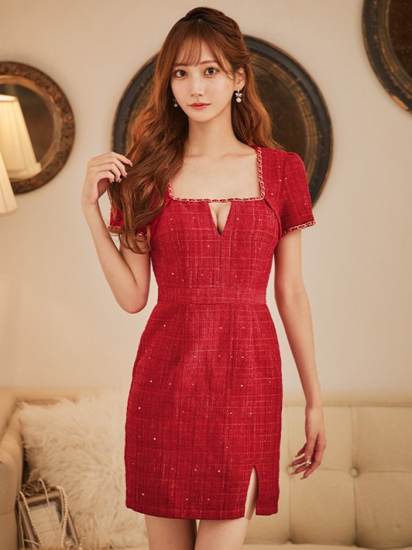 画像20: ツイードミニドレス/スクエアネック/ツイード /チェーン/タイトスカート/谷間見せ/背中隠し/キャバドレス/ミニドレス【XS-XLサイズ/3カラー】[OF03] 【YN】dzw (20)