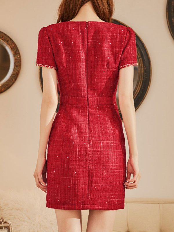 画像23: ツイードミニドレス/スクエアネック/ツイード /チェーン/タイトスカート/谷間見せ/背中隠し/キャバドレス/ミニドレス【XS-XLサイズ/3カラー】[OF03] 【YN】dzw (23)