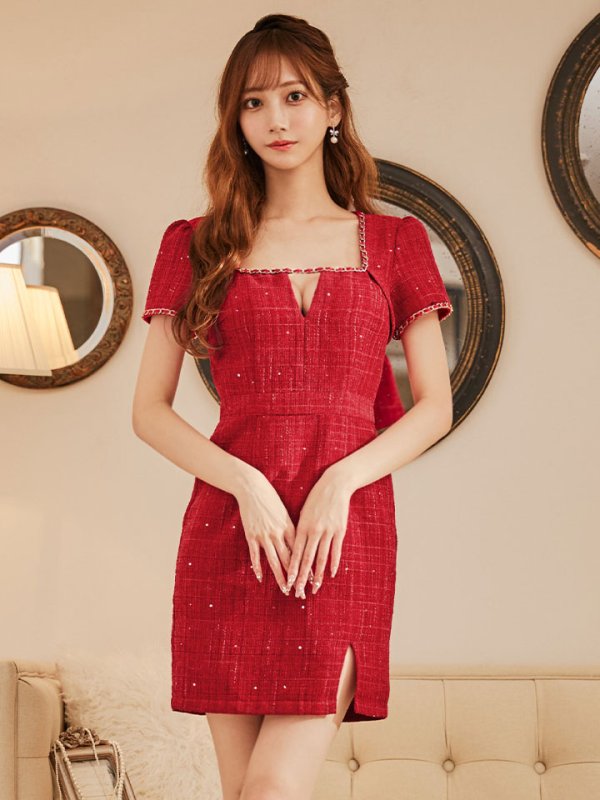 画像25: ツイードミニドレス/スクエアネック/ツイード /チェーン/タイトスカート/谷間見せ/背中隠し/キャバドレス/ミニドレス【XS-XLサイズ/3カラー】[OF03] 【YN】dzw (25)