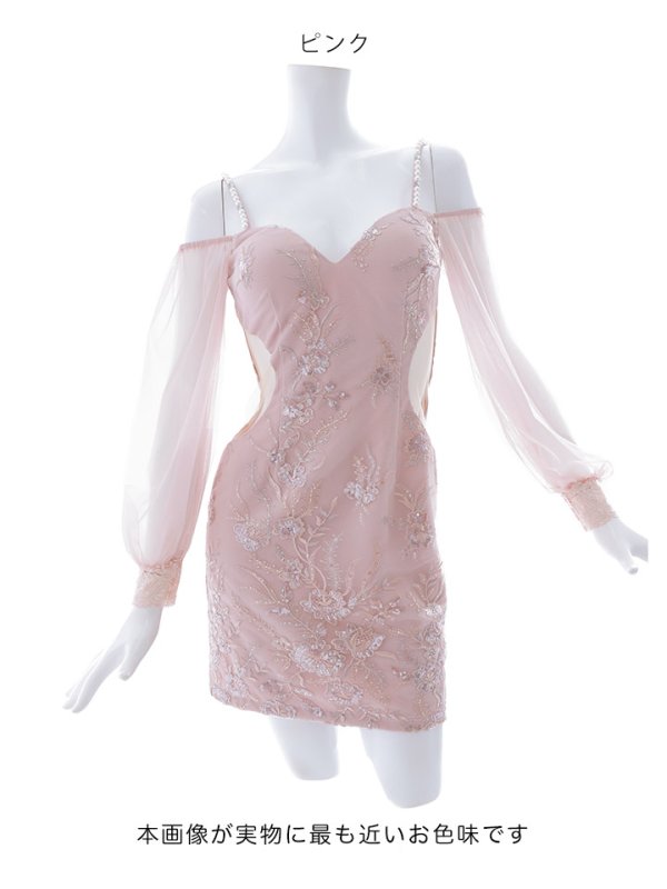画像12: 【送料無料！】刺繍ミニドレス/オフショル/チュール袖/キャバドレス/ワンカラー/谷間見せ/サイドシアー【XS-Lサイズ/1カラー】[OF03-X] 【YN】dzc (12)