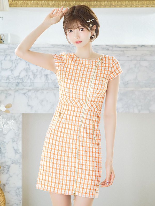 画像2: チェックツイードドレス/ジップアップ/半袖/ミニドレス/キャバドレス【XS-Mサイズ/1カラー】[OF03] 【YN】dzw (2)